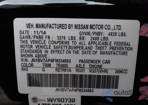 2015 Infiniti Q50 Premium from USA, damaged, VIN JN1BV7AP4FM334583